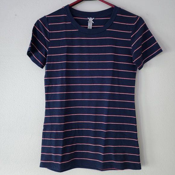 Source Unknown Tops - JO CO Stripe Tshirt Navy Blue with Red White Stripes Stretchy Shirt Size Small